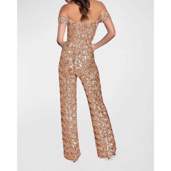 Dress The Population Elon Sequin Off-Shoulder Jumpsuit Champange Women's Size XS - Picture 3 of 12